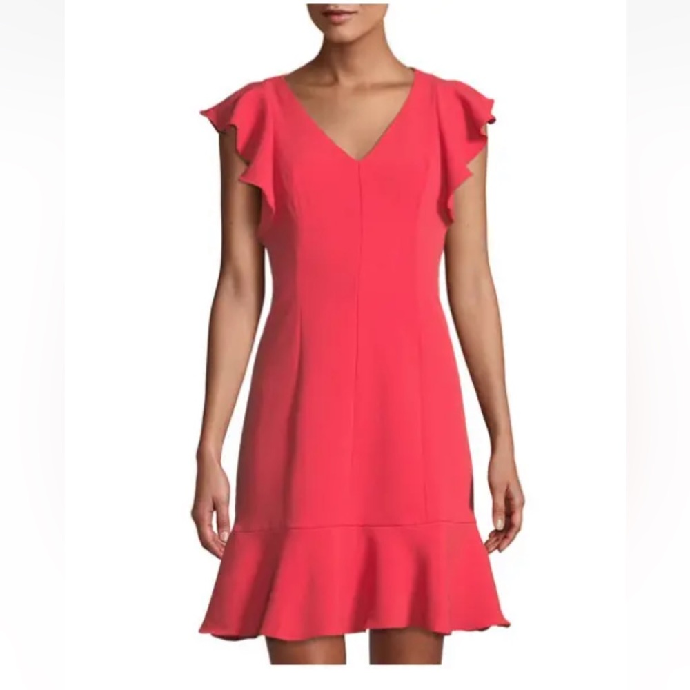 ELIZA J FLOUNCE HEM RUFFAL TRIM V-NECKA-LINE CORAL DRESS Size 0